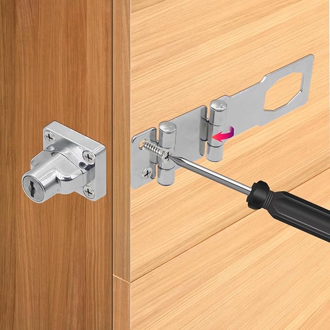 KIBBEH 1 Pack Door Lock Hasp Latchs, Collapsible Solid 304 Stainless Steel File Cabinet Lock Desk Drawer Lock, for 90 Degree and 180 Degree Drawers, Dabinets, Doors, Flip Barn Door (Universal Key)-BubblyBeeBaby
