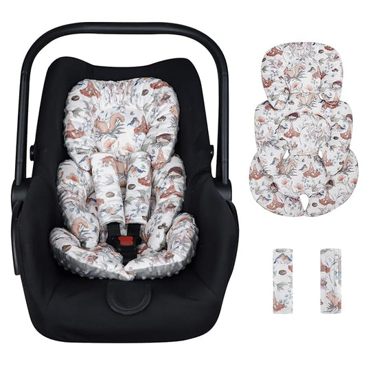 Infant Car Seat Insert, Car Seat Head Support Baby Girls Boys, Soft & Reversible Newborn Carseat Insert Cushion with 2 Strap Covers, for Stroller, Swing, Bouncer (Gray Animals)-BubblyBeeBaby