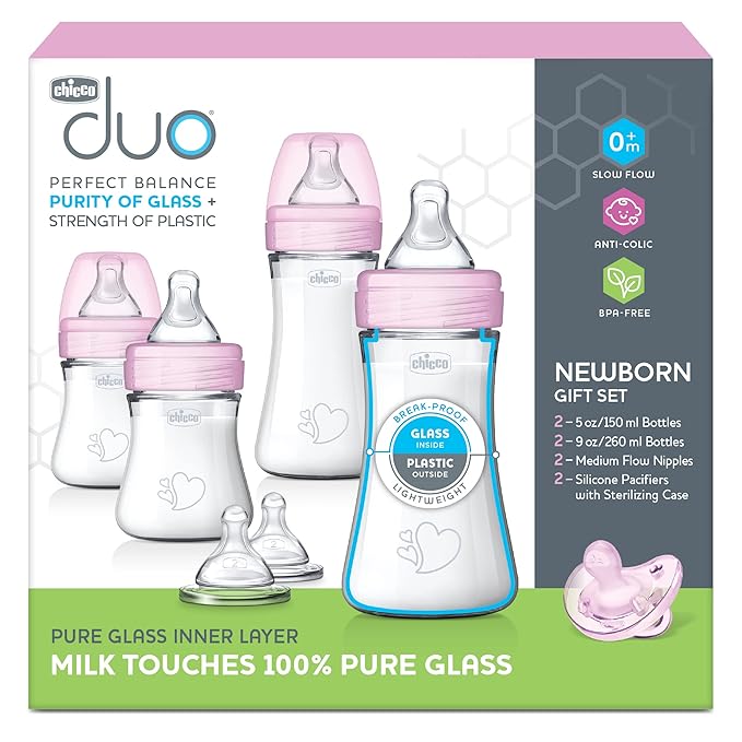 Chicco Duo Newborn Hybrid Baby Bottle Starter Gift Set with Invinci-Glass Inside and Plastic Outside | Dishwasher, Bottle Warmer, and Electric Sterilizer Safe | Intui-Latch Nipple | Clear/Pink-BubblyBeeBaby