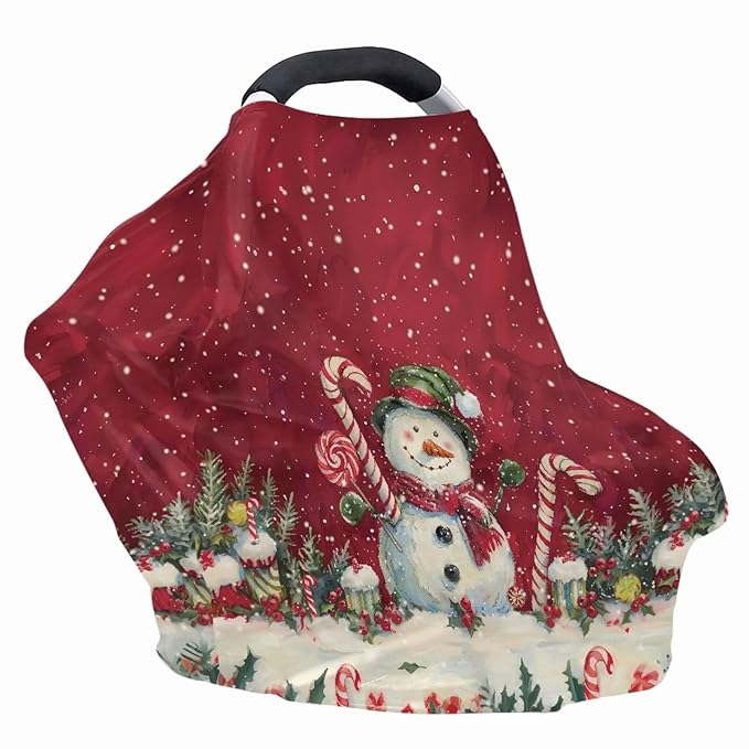 Binienty Snowman Car Seat Covers for Baby Boys Girls Infants,Christmas Snowman Carseat Canopy Cover Stretchy Breathable Babies Stroller Cover Canopies,Baby Shower Gifts-BubblyBeeBaby