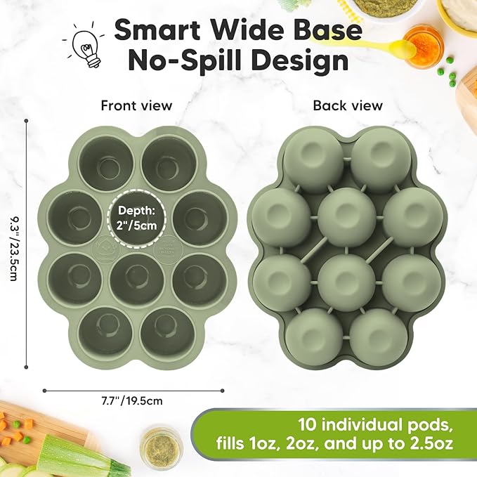 KeaBabies Silicone Food Freezer Trays with Lid, 2oz x 10 Pods Baby Food Storage Containers, Easy Puree Meal Prep, Breast Milk Silicone Freezer Molds, Dishwasher, Microwave Safe, BPA-Free (Sage)-BubblyBeeBaby