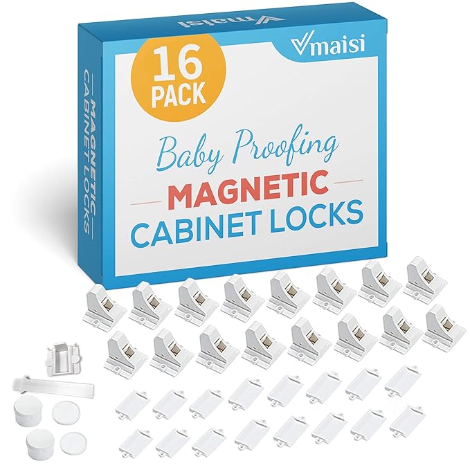 16 Pack Child Safety Magnetic Cabinet Locks - Vmaisi Children Proof Cupboard Baby Locks Latches - Adhesive for Cabinets & Drawers and Screws Fixed for Protection-BubblyBeeBaby