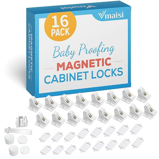 16 Pack Child Safety Magnetic Cabinet Locks - Vmaisi Children Proof Cupboard Baby Locks Latches - Adhesive for Cabinets & Drawers and Screws Fixed for Protection-BubblyBeeBaby
