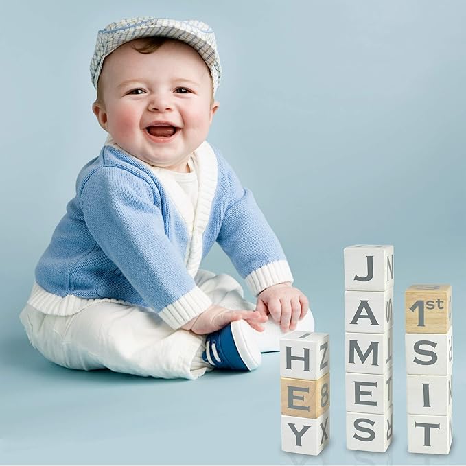 I'm Solid Wood Baby ABC Alphabet Milestone Age Blocks, Personalized Own Name, Gender Neutral, Newborn Gifts & Keepsakes for Picture Props (1.9" / 16 Pcs/White)-BubblyBeeBaby