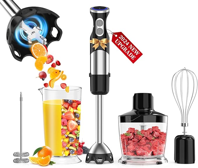 Immersion Blender Handheld 5 in 1-1100W Scratch Resistant Blender Stick, 12 Speed and Turbo Boost Hand Blender with Chopper Beaker Whisk and Milk Frother for Milkshake Puree Smoothie Food-BubblyBeeBaby