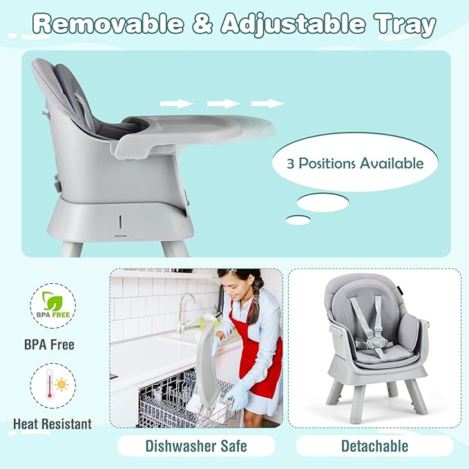 HONEY JOY 8 in 1 Baby High Chair, Convertible Highchair for Babies and Toddlers/Table and Chair Set/Building Block Table/Booster Seat/Stool/Toddler Chair with Safety Harness (Gray)-BubblyBeeBaby