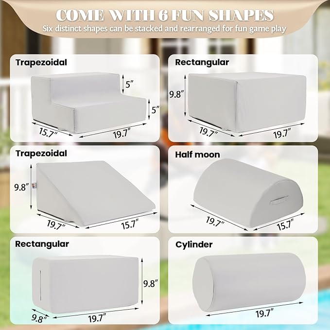 jela Foam Blocks 6Pcs Soft Play Equipment Waterproof Fabric, UV Resistant Toddler Climbing Toys Indoor& Outdoor Soft Play Climbing for Toddlers, Lightweight Climbing Blocks for Babies, Kids (Sand)-BubblyBeeBaby