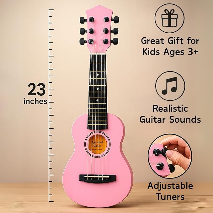 23" Acoustic Guitar, Kids 6 String Toy Guitar - Realistic Steel Strings - Beginner Practice First Musical Instrument for Children, Toddlers (Pink)-BubblyBeeBaby