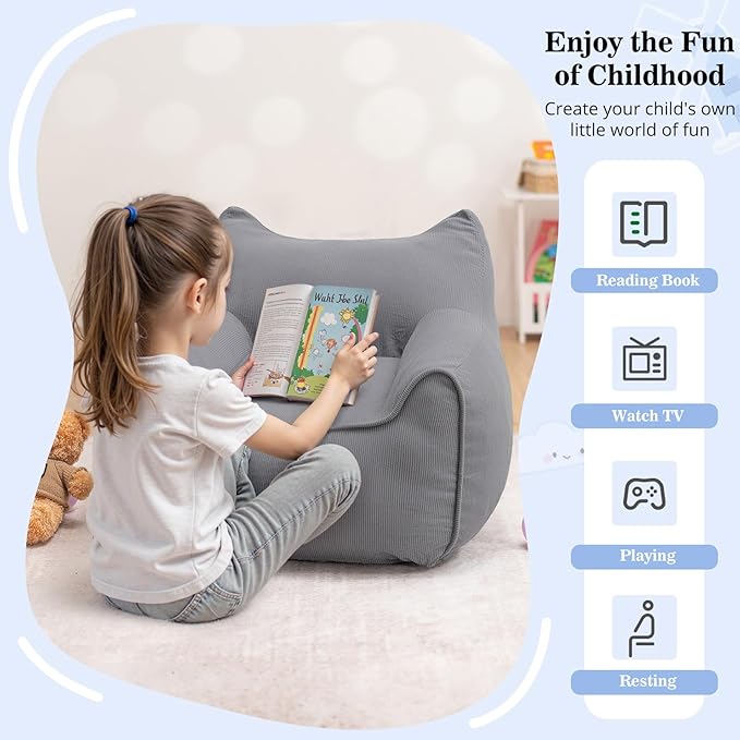 HOMMPA Bean Bag Chair for Kids Stuffed Toddler Bean Bag Sofa with Pocket Filler Cat Shaped Bean Bag Chair Boys and Girls Baby Lazy Floor Sofa Chair for Gaming Reading Playing Grey-BubblyBeeBaby