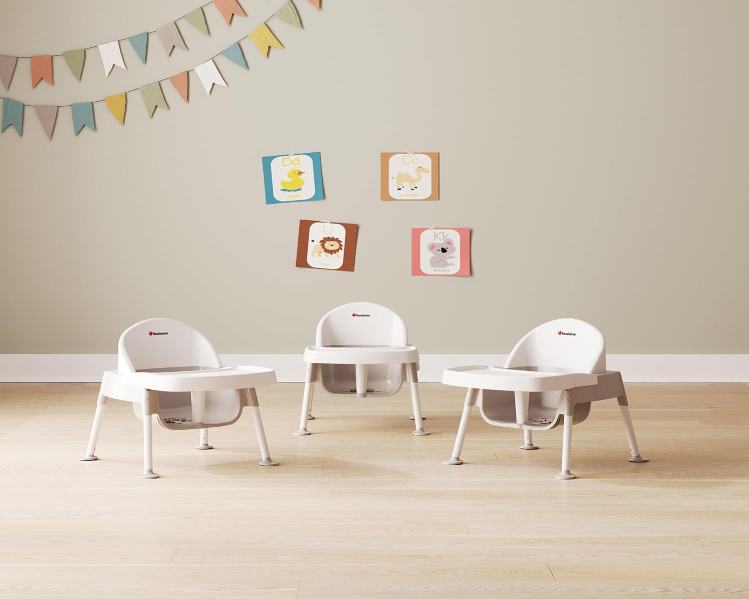 Foundations Secure Sitter Feeding Chairs Multipack, No-Tip Feet, 3-Point Adjustable Harness, Removable Tray, Easy to Clean, Stackable Feeding Chairs, 3 Pack (5 inch)
