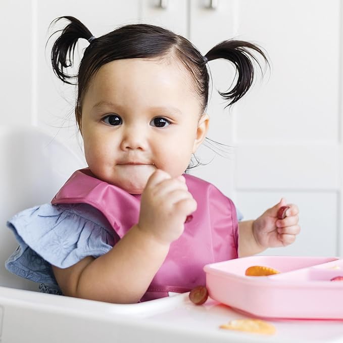 Tiny Twinkle Mess Proof Baby Bibs for Eating - Waterproof, Wipeable Bibs - Toddler Bibs - Travel Friendly - PFAS, PVC, BPA, Phthalate Free - Baby Food Bibs (3 Pack,Blush, Burgundy)-BubblyBeeBaby