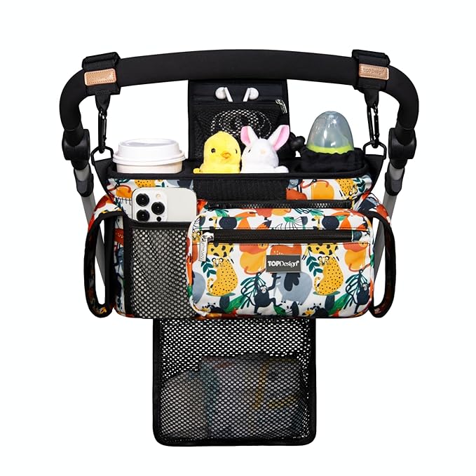 TOPDesign Universal Baby Stroller Organizer, Stroller Caddy with Detachable Mesh Bag & Heightened Insulated Cup Holders & Non-Slip Secure Hooks Accessories, Fits Most Strollers (Zoo)-BubblyBeeBaby