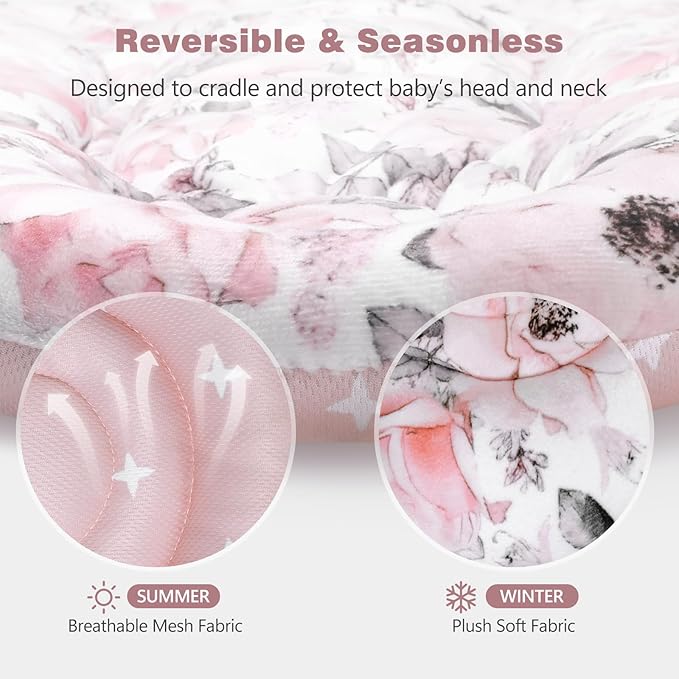 [Upgraded] Infant Car Seat Insert & Newborn Head Support, 3 Strap Covers + Reversible 2-in-1 Design – All Seasons Baby Car Seat Cushion for Stroller, Swing, Rocker, Bassinets-BubblyBeeBaby