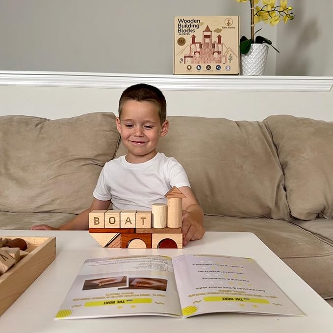 Hexagon Montessori Wooden Building Blocks – 86 Pieces FSC-Certified Beech | Alphabet & Number Blocks with Board Game, Storage Bag & 15-Challenge Guide | Stacking Toy for Kids Ages 3+-BubblyBeeBaby