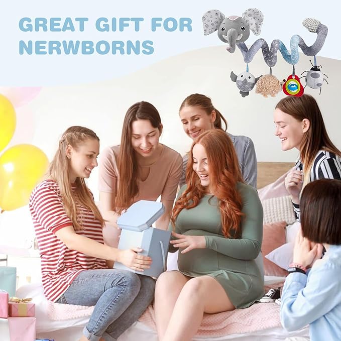 Jollybaby Baby Car Seat Stroller Toys, Plush Activity Hanging Spiral Activity Pram Crib with Music Box, Rattles, Squeaker for Babies Infant Boys Girls (SZ Gray Elephant)-BubblyBeeBaby