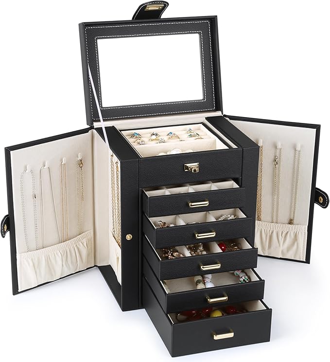 Kendal Jewelry Box, 6-Layer Jewelry Storage Organizer for Necklace Bracelet Rings Watch, 10.2"x8.2"x6" Classic Black PU Leather 5 Drawers Large Storage Capacity with Mirror-BubblyBeeBaby