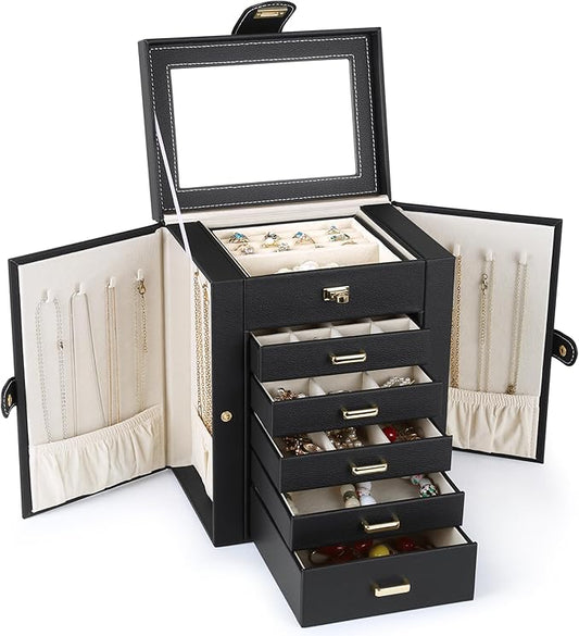Kendal Jewelry Box, 6-Layer Jewelry Storage Organizer for Necklace Bracelet Rings Watch, 10.2"x8.2"x6" Classic Black PU Leather 5 Drawers Large Storage Capacity with Mirror-BubblyBeeBaby