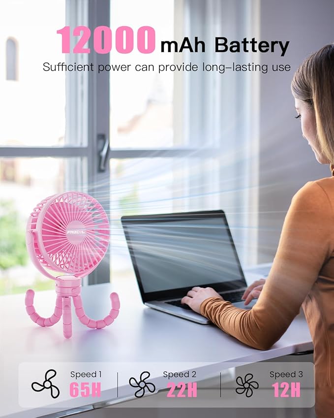 FRIZCOL 12000mAh Portable Stroller Fan, Use As Power Bank, 65H Battery Operated Fan Flexible Tripod Clip On Fans, Detachable Personal Handheld Baby Fans for Stroller, Car seat, Desk, Treadmill（Pink）-BubblyBeeBaby