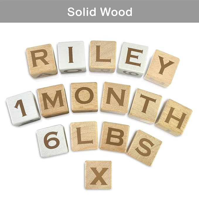 I'm Solid Wood Baby ABC Alphabet Milestone Age Blocks, Personalized Own Name, Gender Neutral, Newborn Gifts & Keepsakes for Picture Props (1.4" / 16 Pcs/Brown)-BubblyBeeBaby