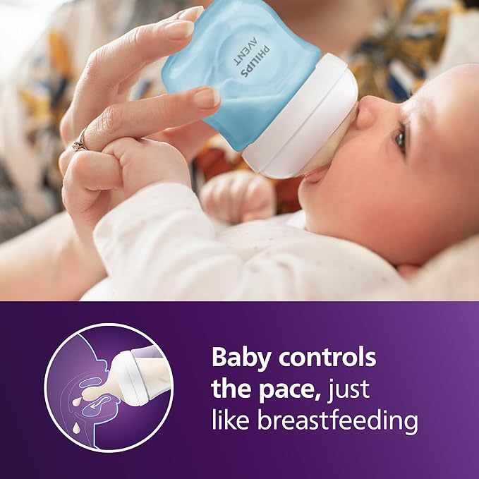Philips Avent Natural Baby Bottles with Natural Response Nipples (Slow Flow, Flow 2), 4oz, Blue, 4-Pack, SCY900/24-BubblyBeeBaby