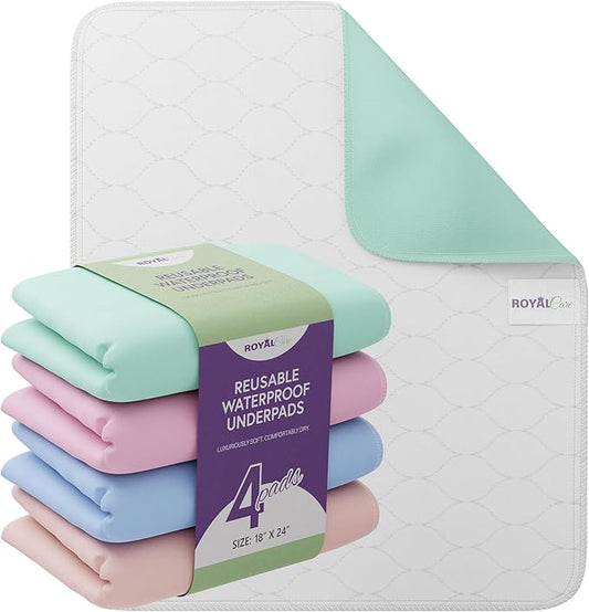 Incontinence Bed Pads - 4 Pack 18” x 24” Reusable Waterproof Mattress Protectors - Highly Absorbent, Machine Washable - for Children, Pets and Seniors - Assorted Colors - Royal Care-BubblyBeeBaby