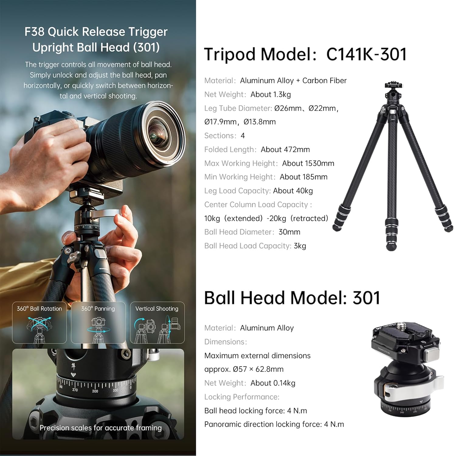 FALCAM TreeRoot F38 Quick Lock Lite Carbon Fiber Travel Tripod with Ball Head Load Capacity 3kg/6.6lbs, Max Vertical Payload 40Kg/88lbs for Cameras, All-Terrain Stability (C141K-301)