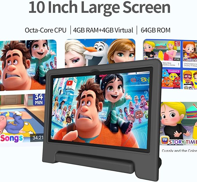 JREN Tablet for Kids｜10 Inch Kids Tablet Android 14｜Octa-core｜64GB｜WiFi ｜Bluetooth｜Parental Control｜Children Content｜Children Toddler Black-BubblyBeeBaby