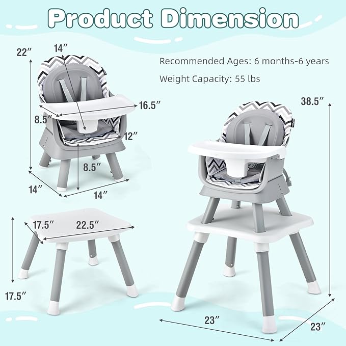 HONEY JOY 8 in 1 Baby High Chair, Convertible Highchair for Babies and Toddlers/Table and Chair Set/Building Block Table/Booster Seat/Stool/Toddler Chair with Safety Harness (Wave Gray)-BubblyBeeBaby