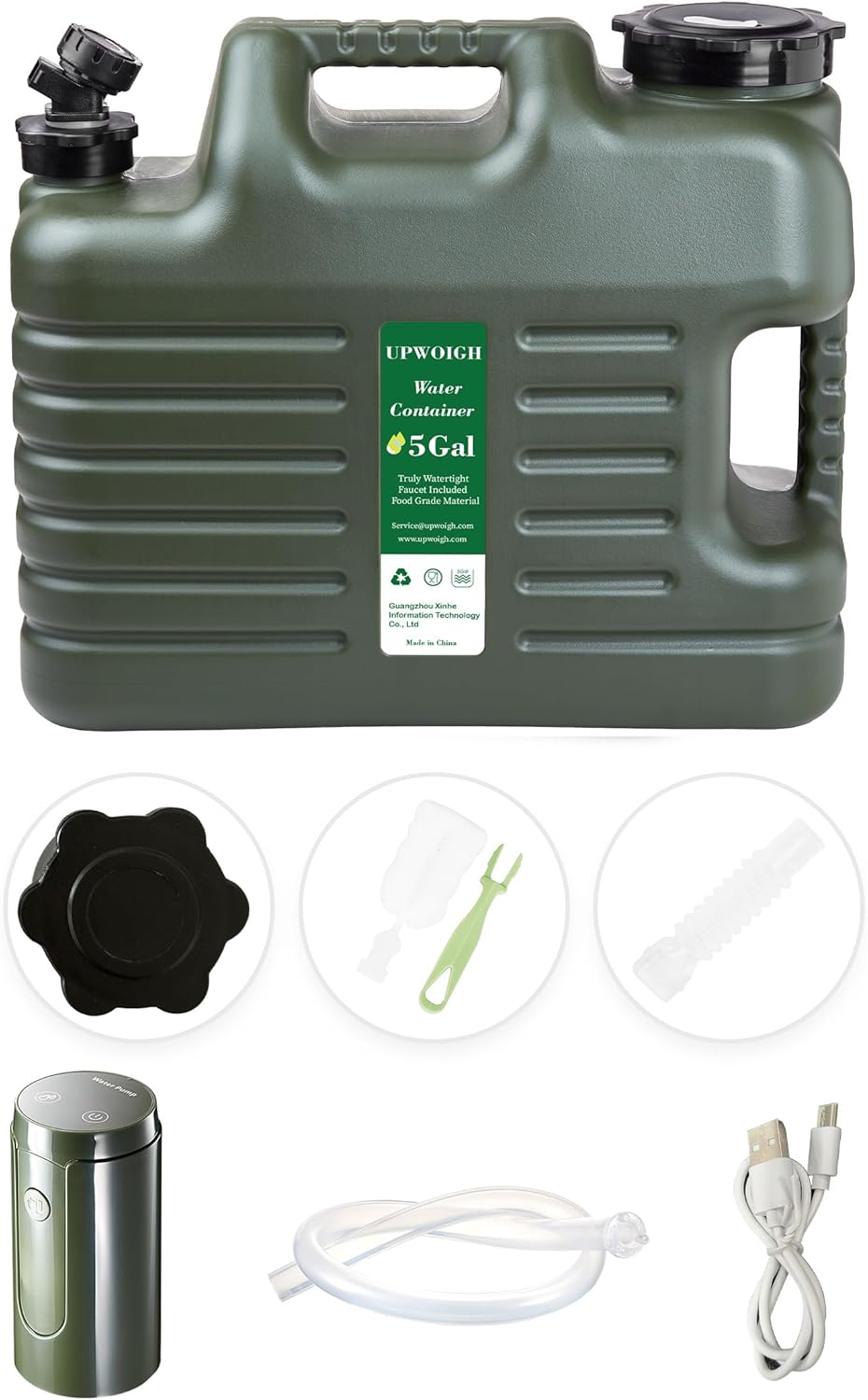 Portable 5 Gallon Water Jug with Automatic Touch Control Pump,Truly No Leakage Water Container with Spigot,Type-C Rechargeable Military Green Water Pump Gear for Outdoors Camping Hiking