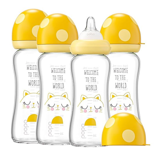 YOHKOH Natural Glass Baby Bottle with Natural Response Nipple, Newborn Anti-Colic Baby Bottles, Wide Neck Mushroom Cap Baby Bottle, Clear (8.8ounce (Pack of 4), Yellow1)-BubblyBeeBaby