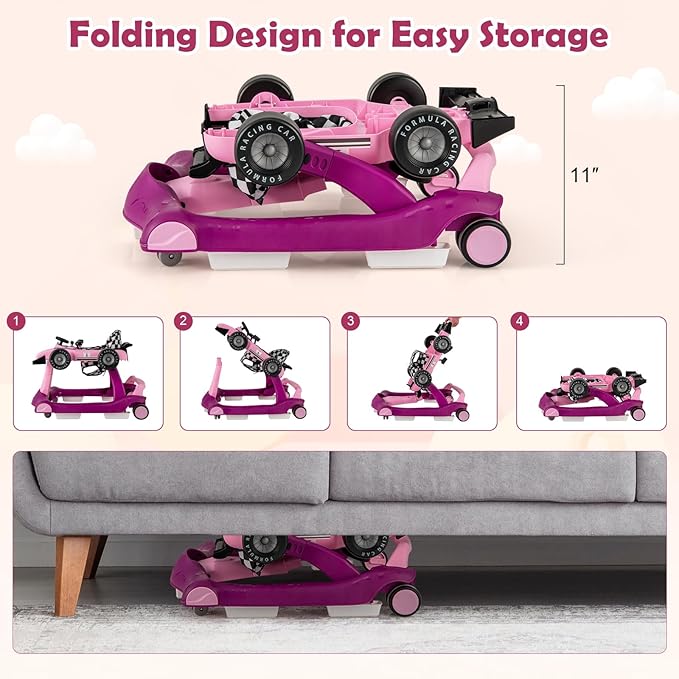 HONEY JOY 4-in-1 Baby Walker, Activity Push Walker w/3 Adjustable Heights, Smooth Wheels w/Adjustable Speed, Padded Seat, Music & Light, Foldable Car Walker for Baby Boys Girls Age 6 Months+ (Purple)-BubblyBeeBaby