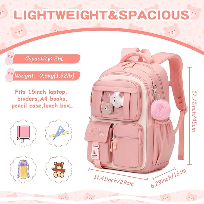 Kids Backpack for Girls School Bags for Middle School Students Book Bag for Elementary Primary Kawaii Ita Backpack, Pink and Beige-BubblyBeeBaby