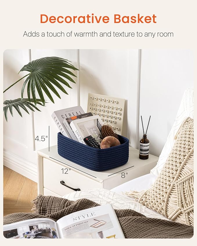 KALLAX Small Woven Basket, 12 x 8 x 4.5 Inches, Storage Basket for Organizing, Cute Small Rope Shelf Closet Cube Storage Bins Baskets for Shelves, Dog Toy Gift Baskets Empty, 3 Packs, Navy Blue-BubblyBeeBaby