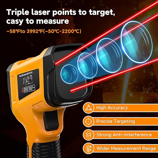 Industrial Infrared Thermometer Gun, 50:1 D:S Ratio, -58°F-3992°F, Triple Laser, High Precision Temp Gun for Kiln, Engine, HVAC, BBQ, Industrial Inspection-BubblyBeeBaby