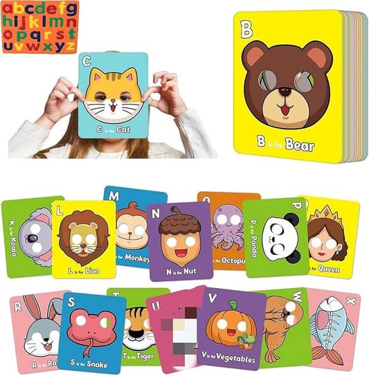 26 PCS Alphabet ABC Flash Cards with Animal Masks, Alphabet mask Cards, Giant Letter ABC Animal Faces Flash Learning Flashcards, Interactive Education Games, Learn Letters (Multicolor, 2Pcs)-BubblyBeeBaby