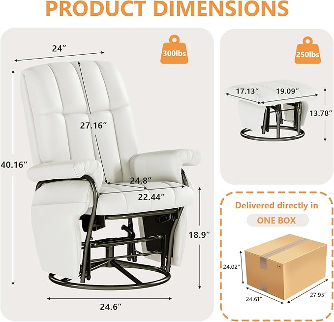 JIASTING 360° Swivel Leather Recliner Chair with Ottoman & Double Side Pockets, Nursing Glider Rocking Recliner Chair, Gliding Chairs for Nursery, Living Room, Office, Bedroom, Metal Frame (White)-BubblyBeeBaby