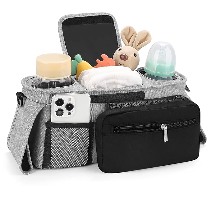 Accmor Universal Stroller Organizer with Insulated Cup Holder Detachable Phone Bag and Shoulder Strap,Stroller Bag Caddy Organizer Fits for Uppababy, Baby Jogger, Britax Strollers-BubblyBeeBaby