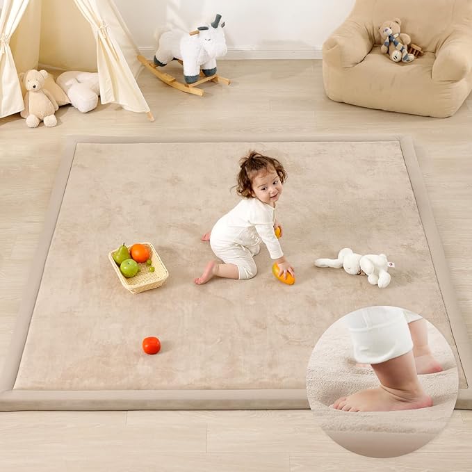 1.3" Thick Baby Play Mat for Floor Playpen, 50x50 Foam Tummy Time Mat, Padded Support Soft Plush Nursery Rug for Infant Kids Toddler Crawling Kick Activity (Beige)-BubblyBeeBaby