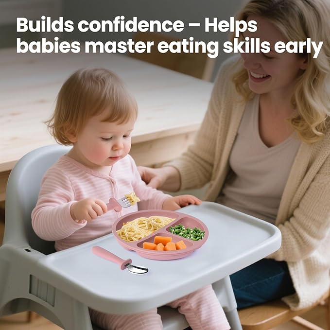 2 Pack Silicone Divided Baby Plates with Suction, 2 Pack Toddler Forks and Spoons Set, BPA Free, Baby Feeding Set for Toddler Utensils, Microwave and Dishwasher Safe-BubblyBeeBaby