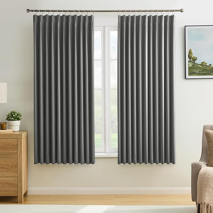 KEQIAOSUOCAI Grey Pinch Pleat Curtains & Drapes 63 Inches Long 2 Panels Set, Privacy Darkening Sound Dampening Window Treatment for Bedroom Vertical Draft Blackout Blinds for Living Room 72 by 63-BubblyBeeBaby