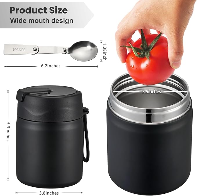 17oz Soup Thermo for Hot Food Kids,Insulated Food Jar with Spoon,Thermo Hot Food Lunch Container,Wide Mouth Leakproof Stainless Steel Lunch Box for School-Black-BubblyBeeBaby