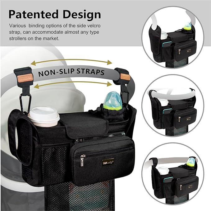 TOPDesign Universal Baby Stroller Organizer, Stroller Caddy with Detachable Mesh Bag & Heightened Insulated Cup Holders & Non-Slip Secure Hooks Accessories, Fits Most Strollers (Polka Dots)-BubblyBeeBaby