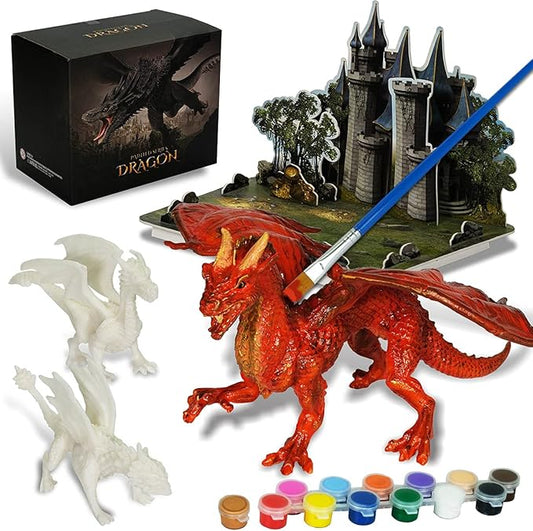 Kids Arts Crafts Set - Dragon Toys Painting Kit with 3 Dragons Figurines and 3D Jigsaw Puzzle Castle, Best Tween Paint Gift to Create Own Powerful Dragon-BubblyBeeBaby