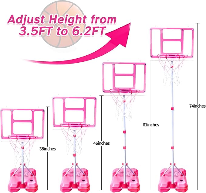 Kids Basketball Hoop with Stand, Adjustable Height 3.5FT-6.2FT Toddler Basketball Hoop, Basketball Goal Outdoor Indoor Toys for Girls Age 3 4 5 6 7 8 Years Old Gifts(Pink)-BubblyBeeBaby