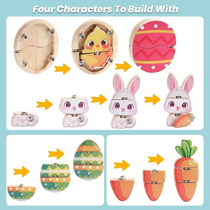 HUZU Easter Snap Builders, Easter Basket Stuffers Bunny, Carrot, Egg, Chick Wooden Puzzle Toy, Basket Essentials Take Apart & Mix Characters Kids Montessori STEM Fine Motor Skill-BubblyBeeBaby