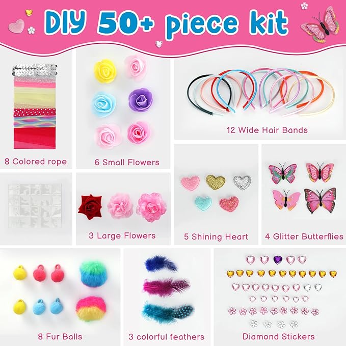Headband Making Kit for Girls, DIY Hair Accessories Craft Set Make 12+ Fashion Headbands for Kids 5-12, Art Supplies with Ribbons & Charms, 5 Year Old Girl Birthday Gift Ideas, Girls Fashion Gift-BubblyBeeBaby