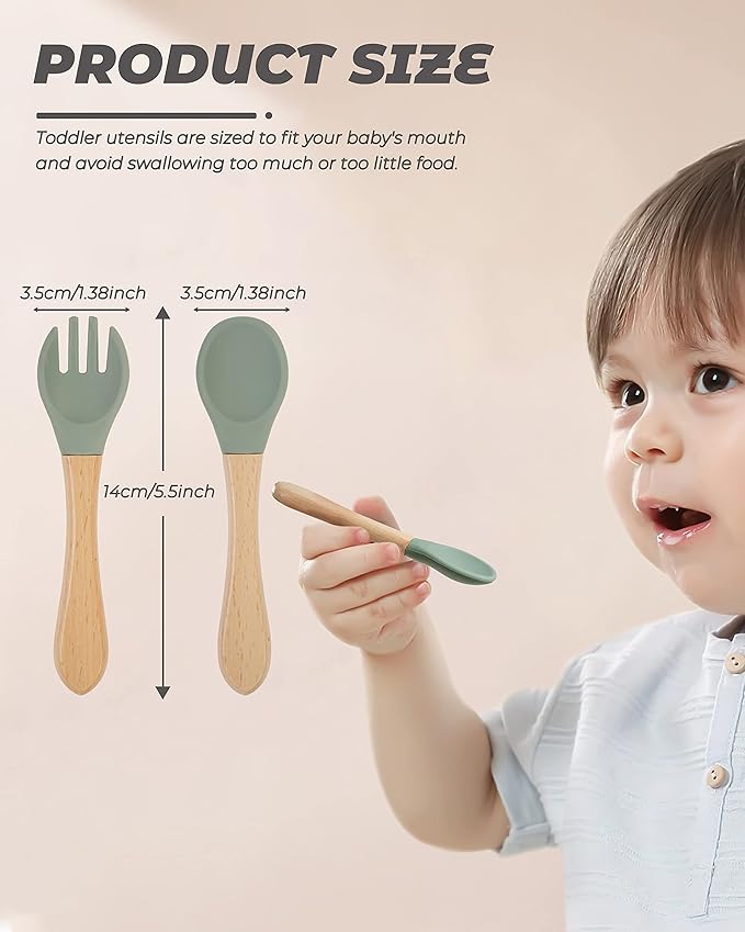 10 pcs Baby Spoons and Forks, First Stage Baby Led Weaning Spoons, Chewable Baby Utensils for Self-Feeding, Bamboo and Silicone Baby Utensils, Kids Utensils for Over 6 Months Babies-BubblyBeeBaby