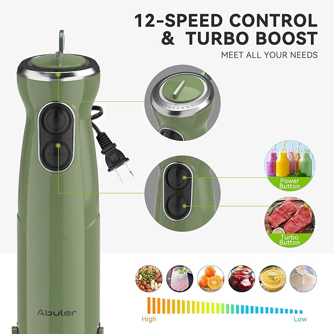 Immersion Blender Handheld 5 in 1 Hand Blender, 1000W Hand Mixer Stick, BPA-Free 12 Speed Handheld Blender with Mixing Beaker, Chopper, Whisk and Milk Frother for Soup, Smoothies, Sauce, Baby Food-BubblyBeeBaby