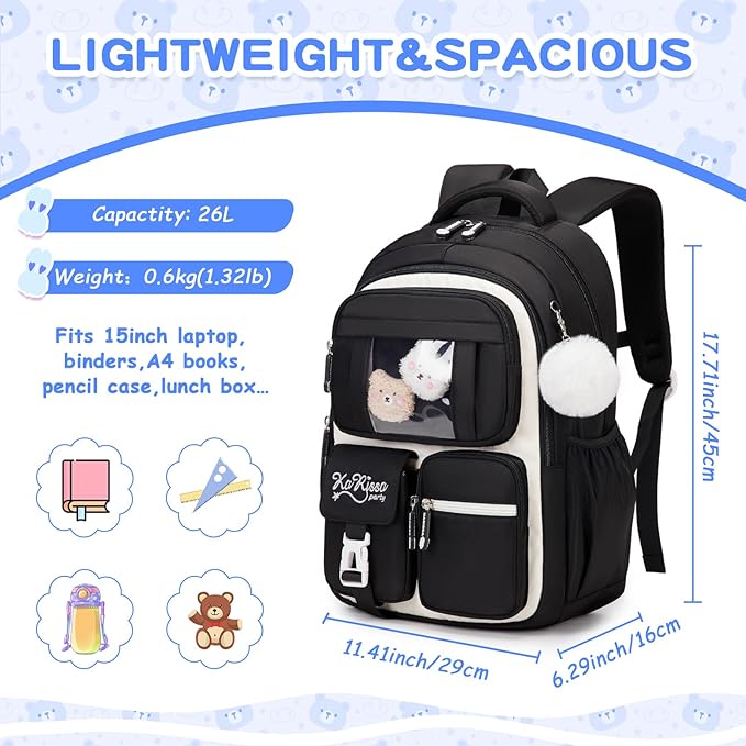 Kids Backpack for Girls - School Bags for Middle School Students - Book Bag for Elementary Primary - Kawaii Ita Backpack - Black and Beige-BubblyBeeBaby