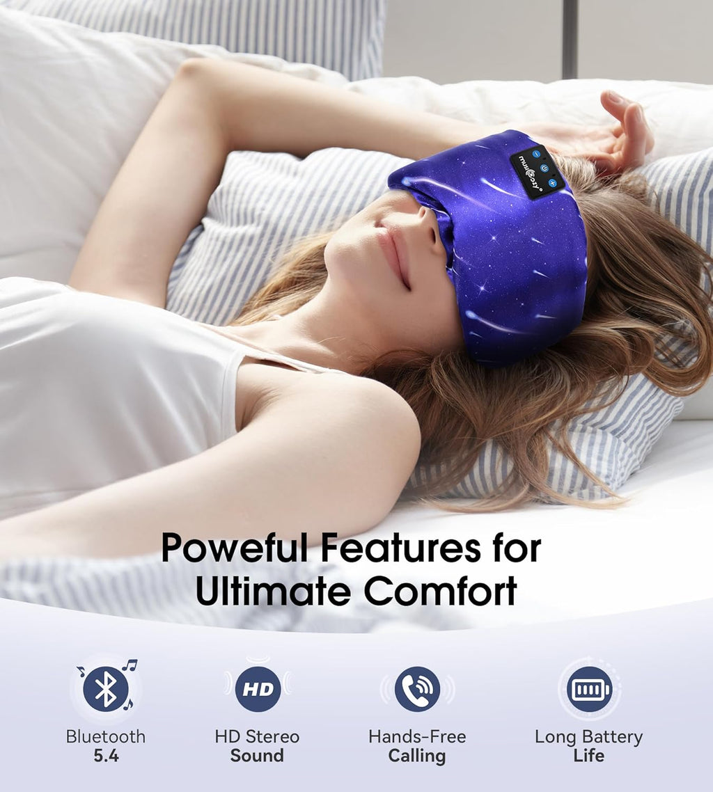MUSICOZY Mulberry Silk Bluetooth Sleep Mask with HD Stereo Sound, Wireless Sleep Headband Headphones for Side Sleepers, Adjustable Size, Total Light Blocking, Perfect for Travel Relaxation Sleep